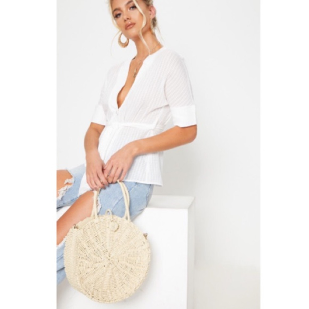 NWOT Cream Round Straw Handle Bag